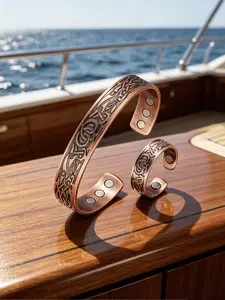 2 Piece Zinc Alloy Antique Copper Magnetic Bracelet Set, Adjustable Open Cuff Jewelry, Bracelets Bangles, Perfect Gift for Daily and Festive Wear