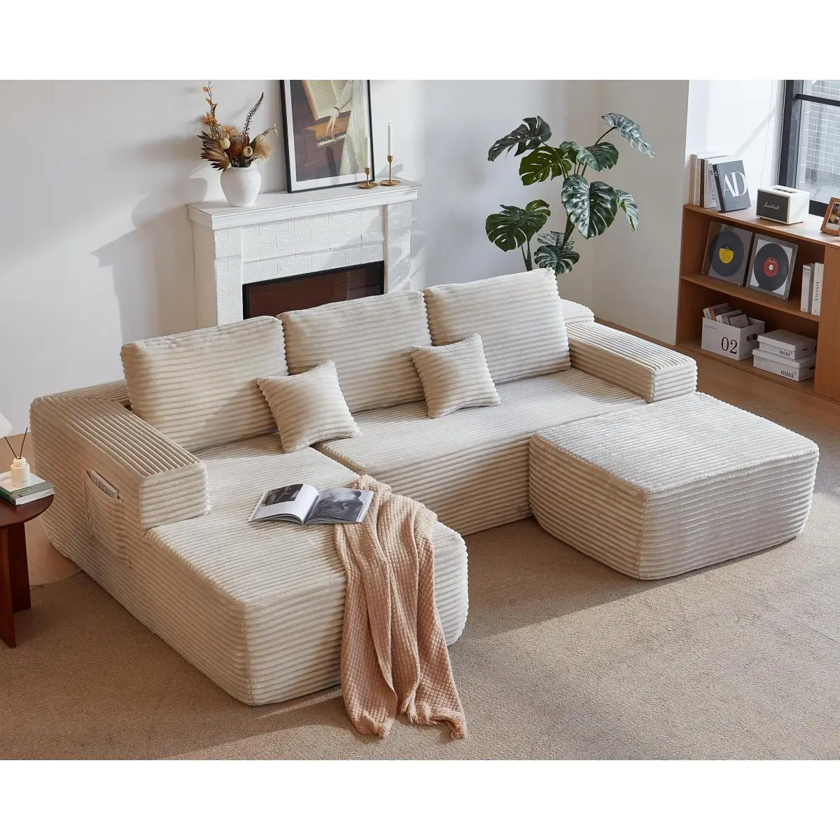Aobtkel 104in Cloud Sectional U-Shaped Chaise Comfy Couch, Modern Modular Plush Fabric Sofa with Deep Sponge Seat, Upholstered for Living Room & Bedroom, Unwrap & Go Fully Assembled, Beige