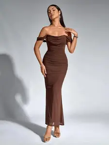 Women's Off The Shoulder Ruched Draped Backless Dress, Zipper Back Long Dress for Party Club Dating Wear, Capri Sun Dress, Ladies Summer Dresses, Party Dresses, Formal Dresses