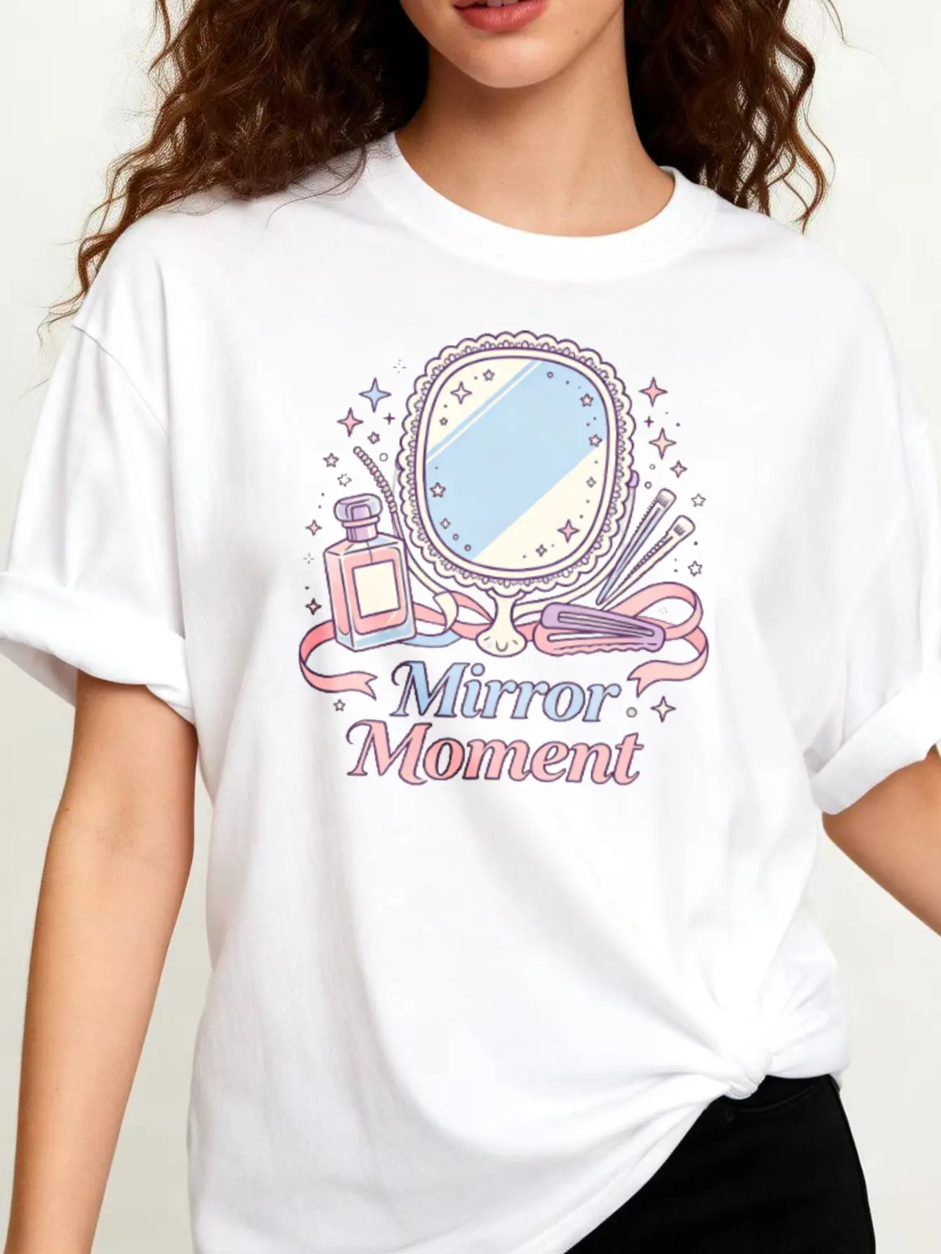 Women's Vintage Beauty Vanity Printed Cotton Fabric Short-Sleeve T-Shirt, Unisex Black White Mirror Makeup Table Perfume Bottle Graphic Apparel, Retro Aesthetic Casual Summer Back to School Outfit, Shortsleeve, Oversized