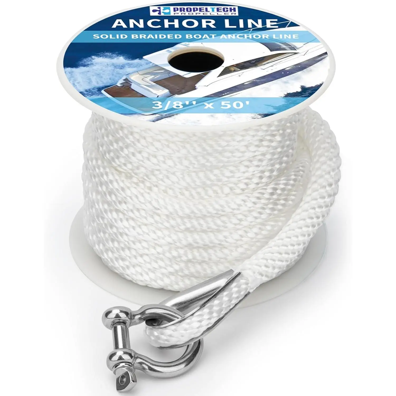 Premium Solid Braid MFP Anchor Rope, White 3/8"-x-50' Marine Boat Rope with Stainless Steel Thimble & Shackle, Durable Boat Accessories for Marine Vessels, Marine Boat Accessories