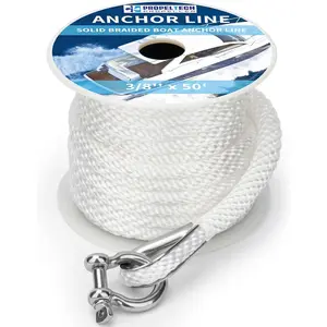 Premium Solid Braid MFP Anchor Rope, White 3/8"-x-50' Marine Boat Rope with Stainless Steel Thimble & Shackle, Durable Boat Accessories for Marine Vessels, Marine Boat Accessories