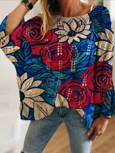 Women's Floral Colorblock Knit Top, Casual Elegant Chic Vacation Style, Comfortable Breathable Loose Fit, Long Sleeve Batwing Shoulder Design, Spring Summer Fall Fashion