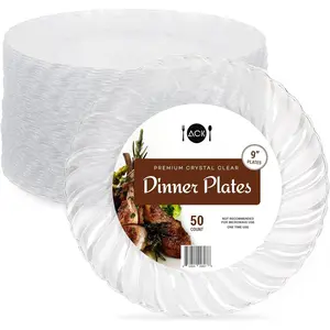 50 Pack Clear Plastic Plates 9 Inch - Heavy Duty, Round, Disposable Plates for Parties, Weddings, and Events - Elegant Party Plate for Serving Appetizers, Salads, and Desserts