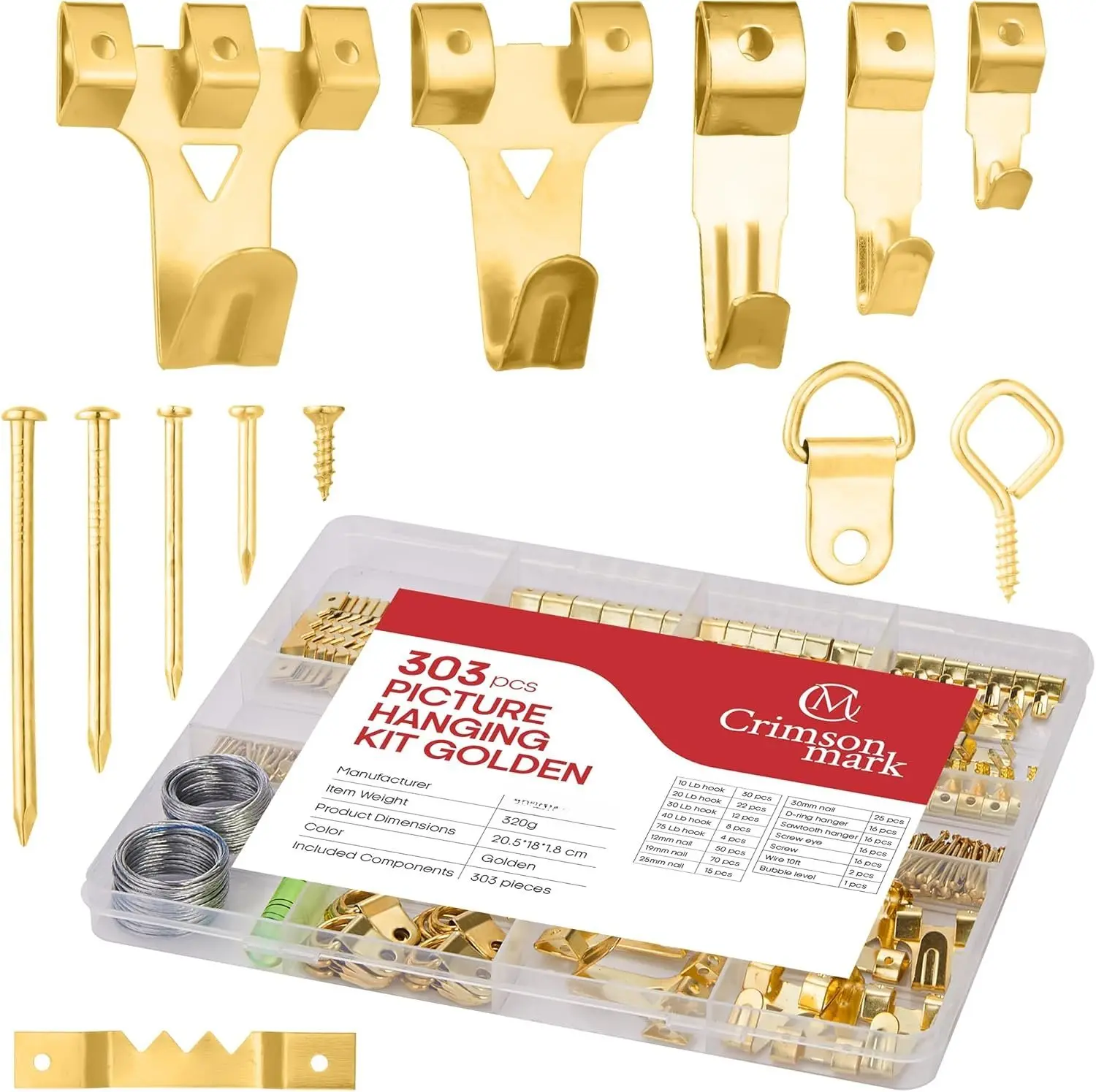 303- Picture  Assortment, Heavy Duty Hooks, Nails, Sawtooth, D-Rings, Wire, Level, and Metal Wall Hooks for Picture Framing and Canvas Mounting ()