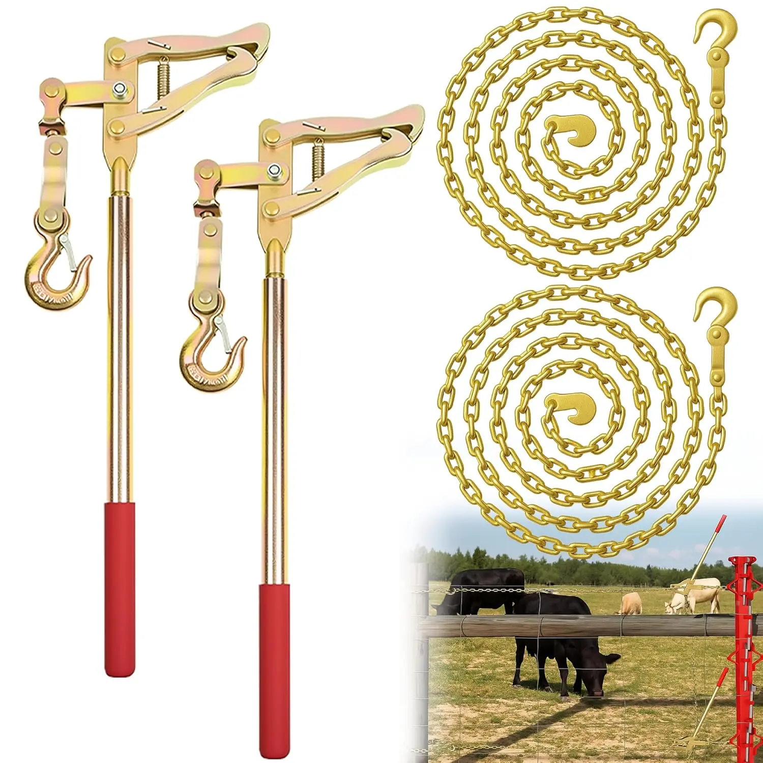 Heavy Duty Fence Stretcher Tools with 20ft Chains, 2200lbs Capacity Wire Tensioners & Pullers for Ranch/Farm Barbed Wire, High Tensile Steel, Contractor Grade, Yellow Zinc Plated