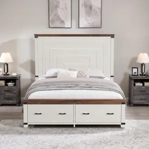 REDLEMON Rustic Wood Bed Frame – 54" Geometric High Headboard, Two Large Storage Drawers, Sturdy Wood-Slat Support, No Box Spring Needed