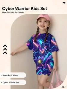 Cyber Warrior Kids Set Neon Tech Short Sleeve T-Shirt & Shorts Two-Piece, Casual Clothing, All over Print