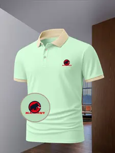 Men's Mammuth Polo Shirt, Geometric Pattern, Casual Slim Fit Short Sleeve Tee, Vintage American Style, Loose Collar Design