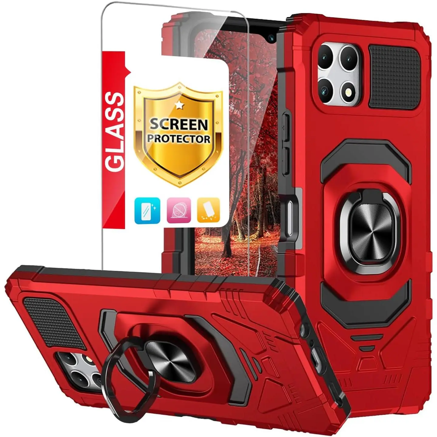 T-Mobile Revvl 7 5G Smartphone Case with Tempered Glass Screen Protector, TPU-Polycarbonate Shockproof Heavy-Duty Drop Protection Cover, 360-Rotation Metal Ring Magnetic Holder Kickstand (Red) Mobile Phone Accessories
