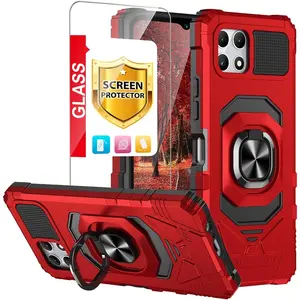 Compatible for T-Mobile Revvl 7 5G Case, with Tempered Glass Screen Protector, Metal Ring Magnetic Support Kickstand Heavy Duty Drop Protection Cover Phone Case (Red)
