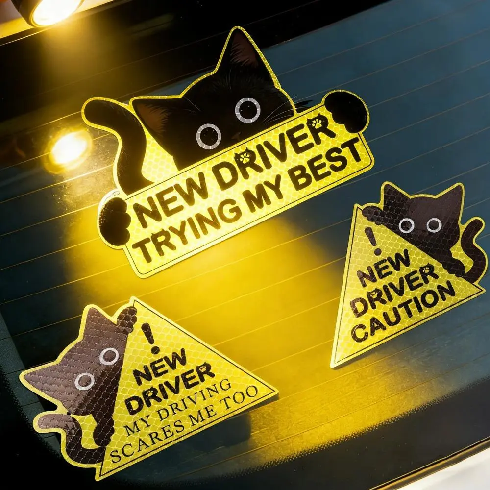 Reflective Student Driver Car Sticker 3PCS Black Cat Safety Caution Decals for New Beginner Driver Window Bumper Warning Sign
