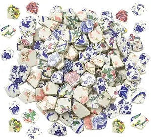 Broken Ceramic Porcelain Tiles for Mosaic Crafts Glazed Irregular Blue and White China Plate Mosaic Tiles, 11x11 inch