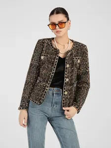 Women's Metal Button  Tweed  Blazer Caot, Elegant Fashion Casual Round Neck Jacket for Daily Outdoor Wear, Women Clothing for Spring Fall