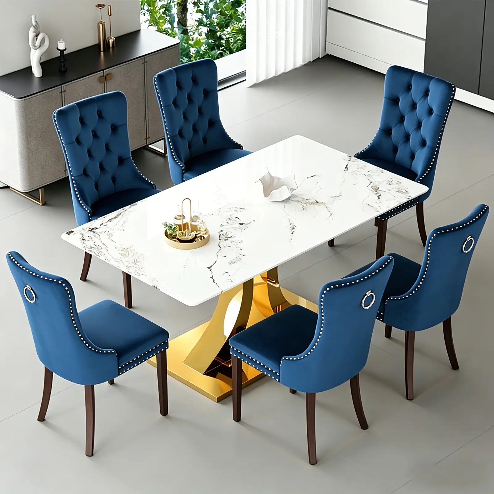 1 Table+6 Blue Solid Wood Leg Chairs