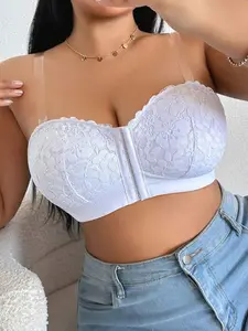 Plus Size Wireless Lace Front Closure Bra Sexy Lift Enhance Invisible Back Bra Fantasy Elegant White Adjustable Straps Medium Support Women's Underwear for Everyday Wear - Bride