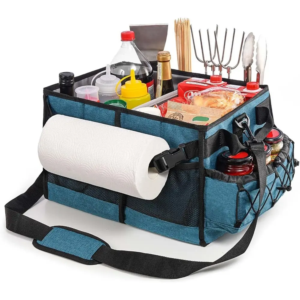 Portable Wear-Resistant Foldable Waterproof Grill Caddy with Removable Paper Towel Holder, 2 Main Spacious Interiors, 4 Cooking Utensil Slots, 5 Functional Areas, Aluminum Coating - BBQ Tool Storage Organizer for BBQ Lovers, Campfire/Cookout Ready