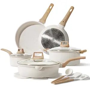 Slowfeel 15-Piece Pots and Pans Set, Nonstick Cookware Set with Utensils, Induction Compatible, White Granite