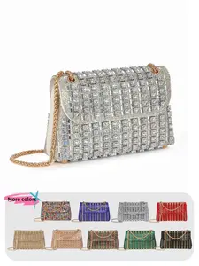 Rhinestone Decorated Bling Evening Bag, Elegant Solid Color Shoulder Bag for Party, Fashion Bag for Party, Daily Clothing Decor, Trendy All-match & Exquisite Bag for Birthday Gift
