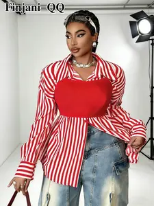 Women's Plus Size Long Sleeve Shirt & Tight Strap Tube Top Set, Casual Striped Fitted Two-Piece, Spring & Fall Wear