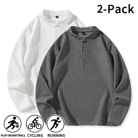 Men’s 2-Pack Waffle-Knit Henley-Neck Pullover Sweaters, Autumn-Winter Style, Suitable for Commuting, Working Out, Everyday Casual Wear