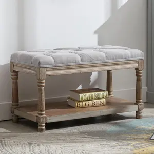 Storage Bench 31.5" W Button Tufted Small Entryway Bench with Wooden Shoes Rack End of Bed Bench with Fabric Linen Upholstered Rectangular Seat for Bedroom Hallway Small Space, Grey