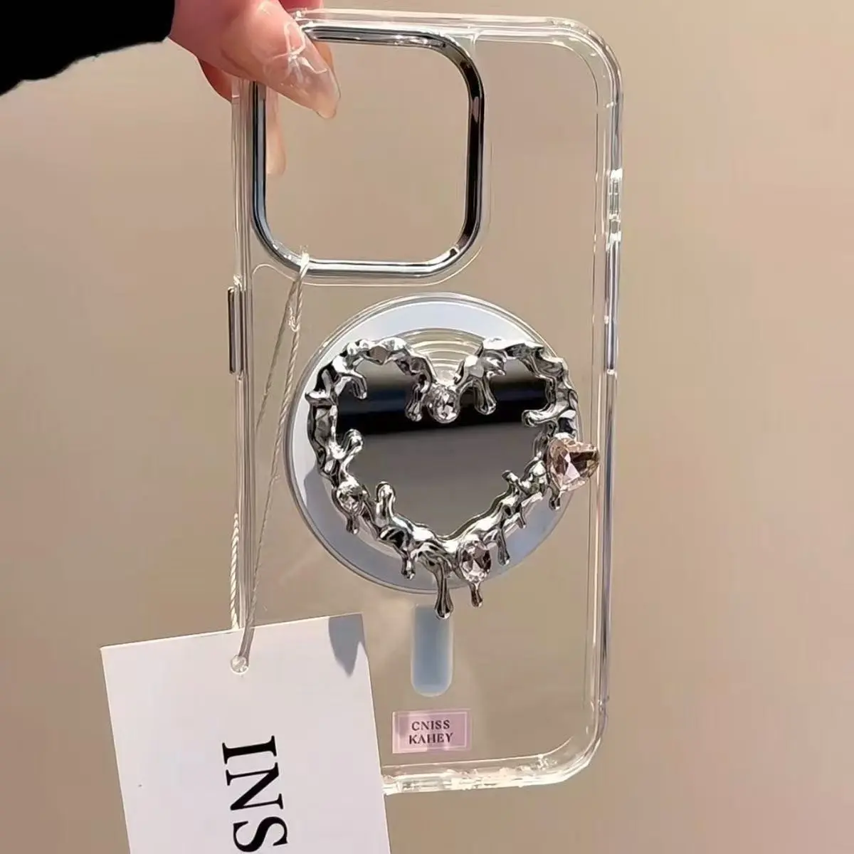 Luxury Love Heart Crystal Mirror Grip Tok Griptok Stand for Magsafe Magnetic Phone Holder, Foldable Wireless Charging Stand for iPhone