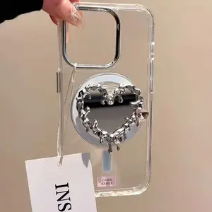 Luxury Love Heart Crystal Mirror Grip Tok Griptok Stand for Magsafe Magnetic Phone Holder, Foldable Wireless Charging Stand for iPhone