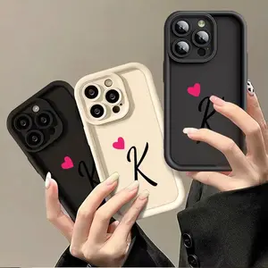 Initial Letter K Love Heart Pattern Case for iPhone 17 16 15 14 Pro Max 13 12 11 XR XS Plus Shockproof Non Slip Military-Grade Protection Silicone Cover Protective Smartphone