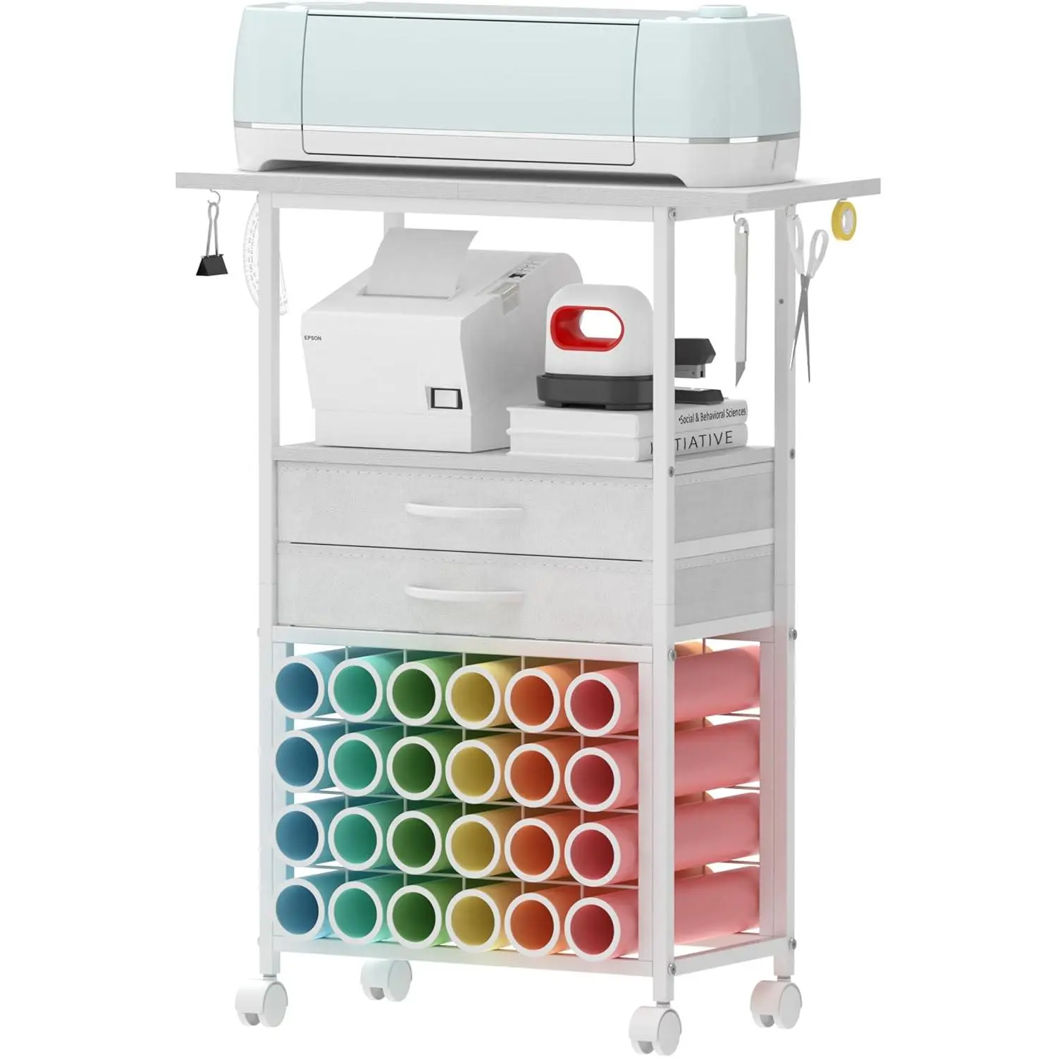 White Metal Organizer Unit for Cricut Machines - Movable Rolling Storage Stand with 24 Vinyl Roll Holders, 2 Fabric Drawers, Hanging Tool Hooks, Accessories Holder, Easy Installation for Craft Room Home, Rack