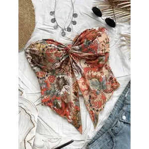 [Twist Side Slit Polyester Bandeau] Women'S Colorful Ethnic Style Floral Bandeau Top with Twist Side Slit and Irregular Hem, 100% Polyester Knit Fabric, Skinny Fit, All-Season, 170g/m² - No Chest Pad