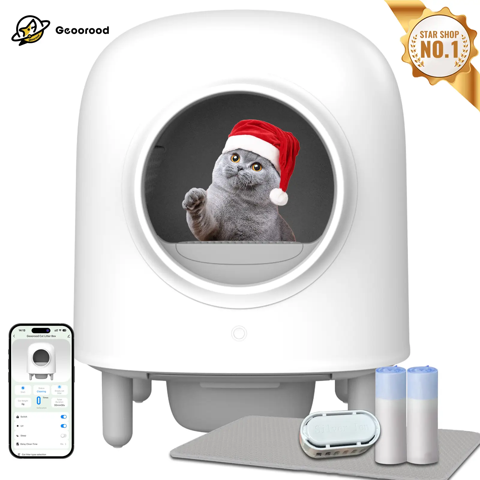 【Geoorood】Automatic Cat Litter Box, 60L Large Automatic Cat Litter Box for Multiple Cats with APP Control Odor Removal Safety Protection 2 Rolls Garba