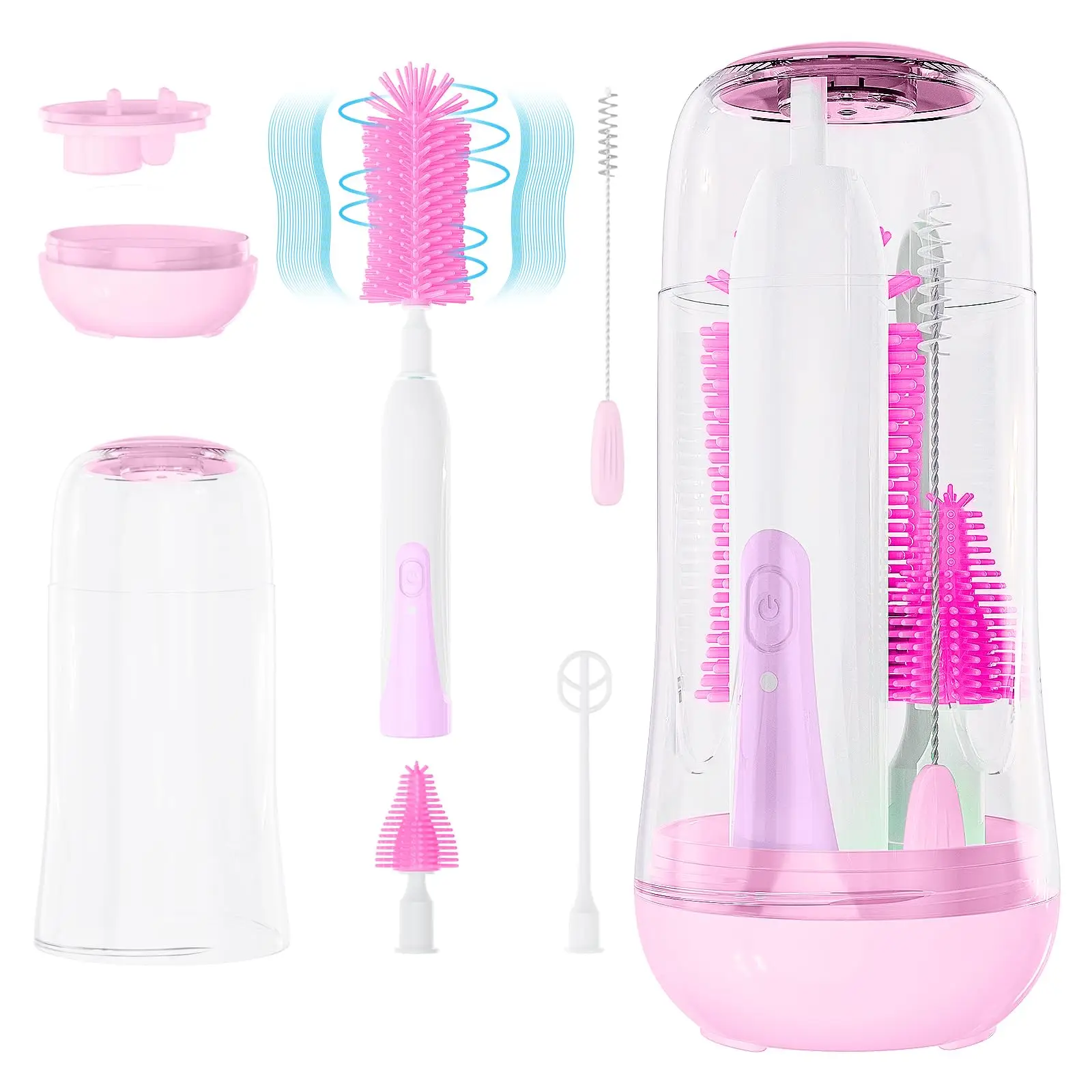 Bottle Brush Cleaner, 1 Set 7 in 1 Rechargeable Portable Baby Bottle Brush, Waterproof Electric Bottle Cleaning Set with Nipple & Straw Brush