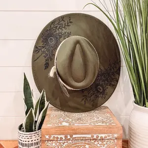 Engraved Floral Burned Fedora Hat, Sunflower Boho Style for Women
