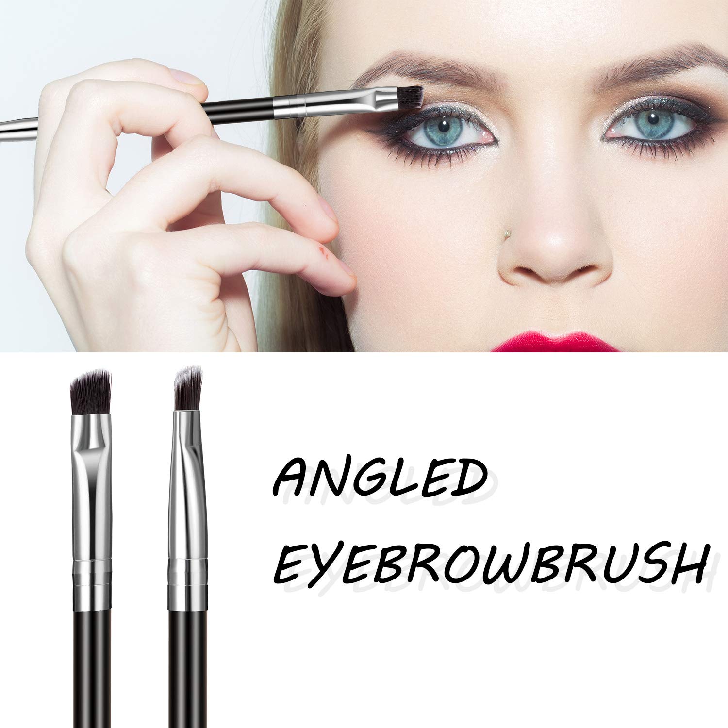 Eyebrow Spoolie Brush and Angled Brow Brush, Multi-functional Mini tool for Tinting Angled Eyebrow, Suitable for Cream Gel (Silver)