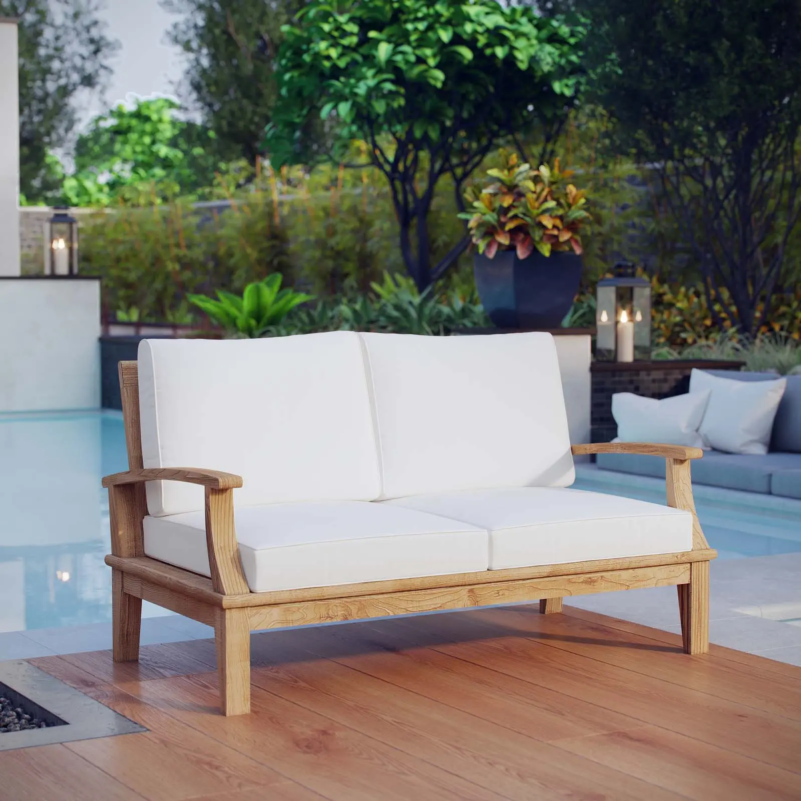 Modway Marina Outdoor Patio Teak Loveseat in Natural White