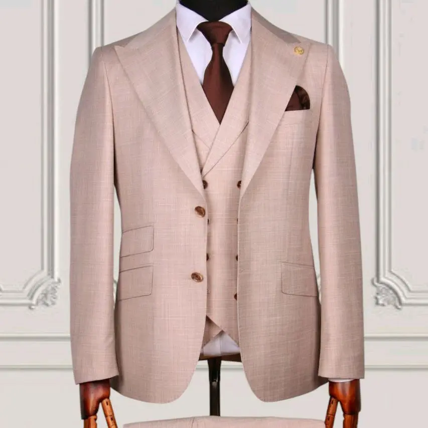 Elegant Beige Three-Piece Suit with Vest and Trouser Pocket Square for Formal Occasions - Perfect for Special Events