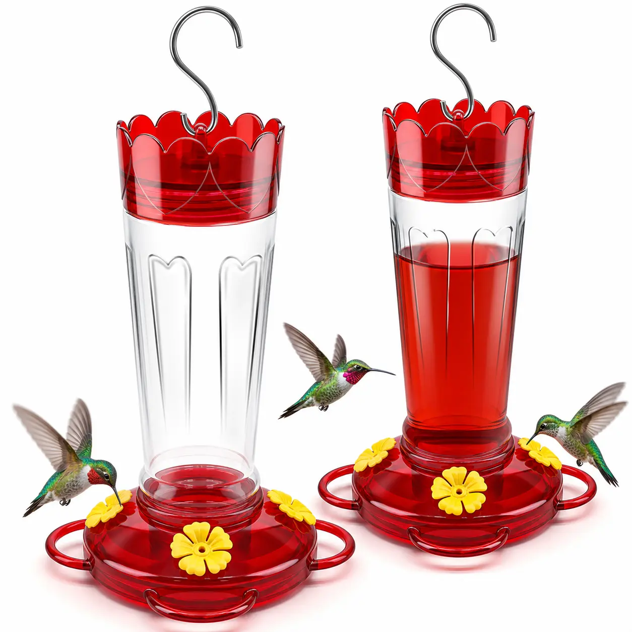 Hummingbird Feeders for Outdoors, 2 Pack 14 OZ Plastic Humming Bird Feeder with Ant Moat & Bee Guard, 4 Feeding Ports and Perches, Leak-Proof Hangging Nectar Feeders, Gifts for Women, Mom