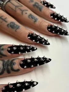 Black Spiked Press On Nails, Punk Gothic Studded Design, Edgy Reusable False Nails