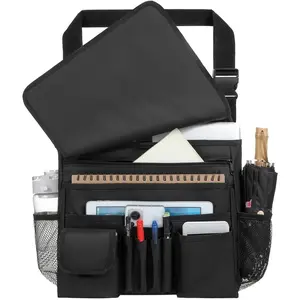 Front Seat Organizer for Paperwork File Laptop Mobile Office, Multi Compartment Storage Bag with Cup holder and Adjustable Strap for  Work  Van