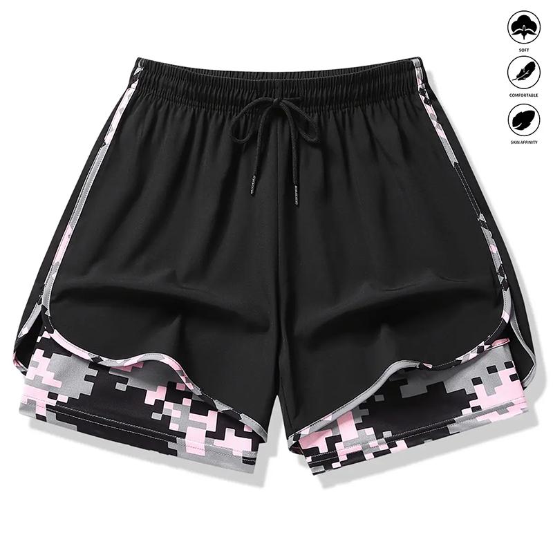 Women's 2-in-1 Athletic Shorts with Built-in Liner Adjustable Elastic Waistband Breathable Soft Fabric Camo Accent Convenient Pockets Light Purple