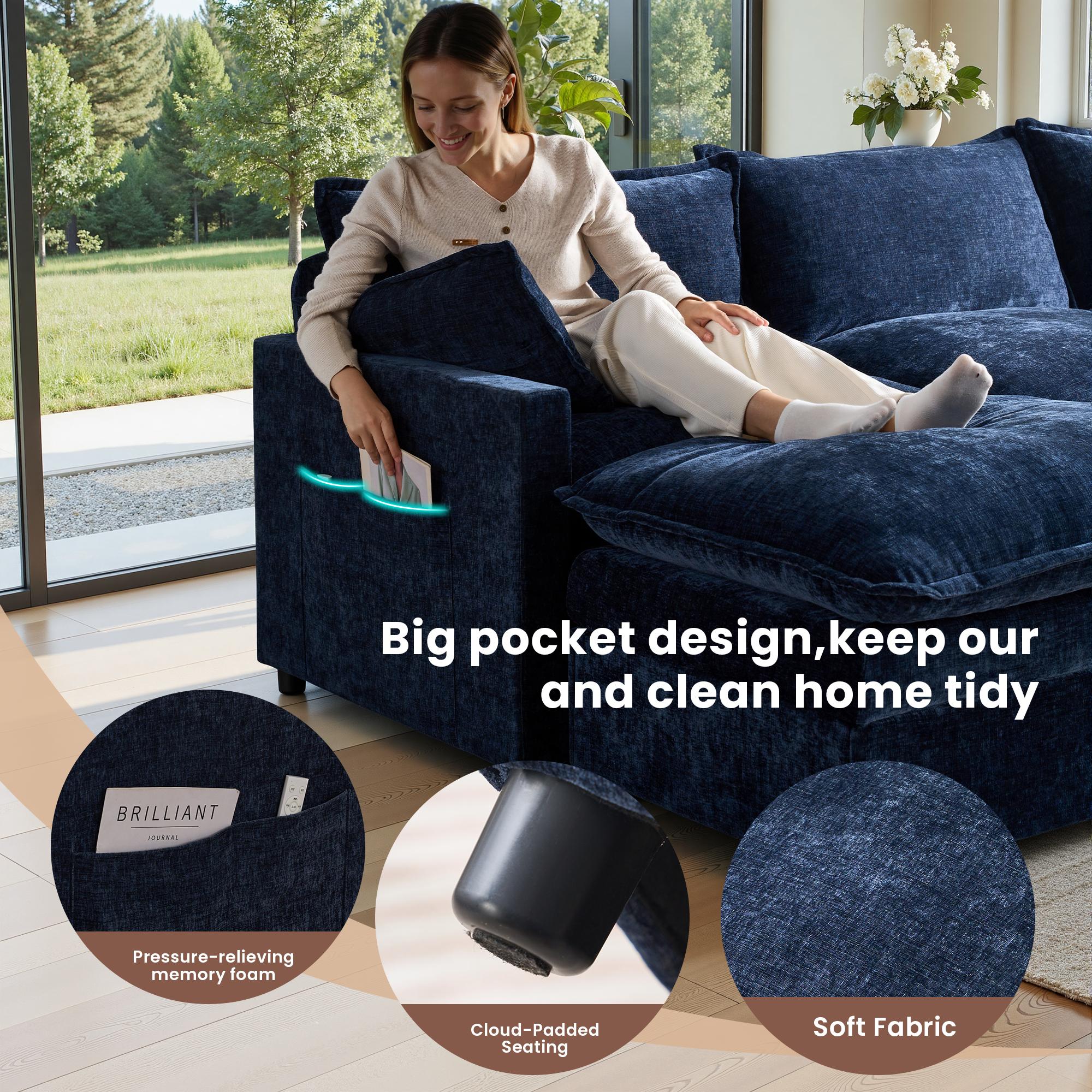 【2 Packages Shipping】OVIOS 108" U-Shaped Modern Sofa Modular Sectional Cloud Couch with 2 Ottoman, Comfy Chenille Deep Seat Sofa Bed for Living Room, Bedroom and Apartment, 5 Pillows Included