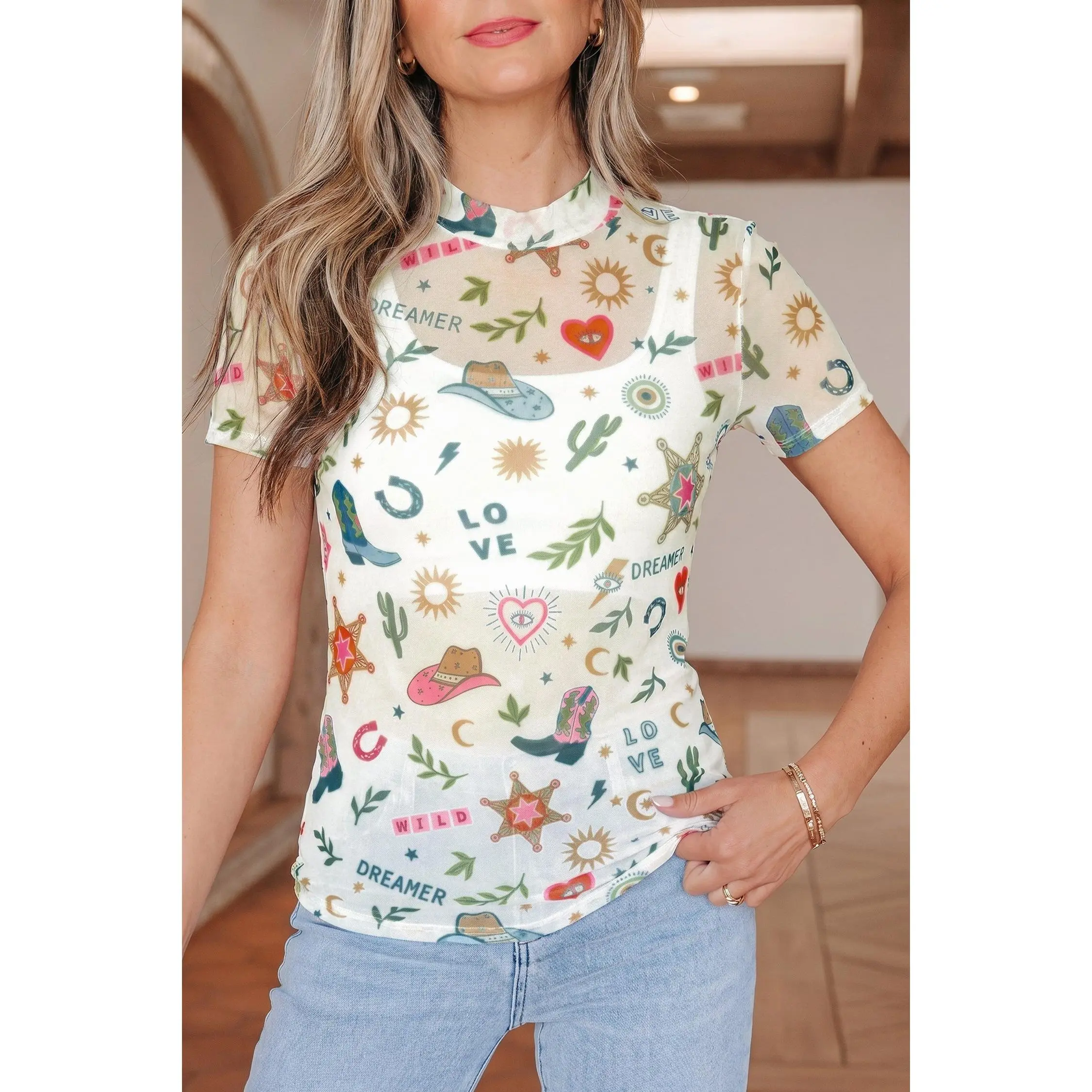 White LOVE WILD DREAMER Western Print Sheer Mesh Top