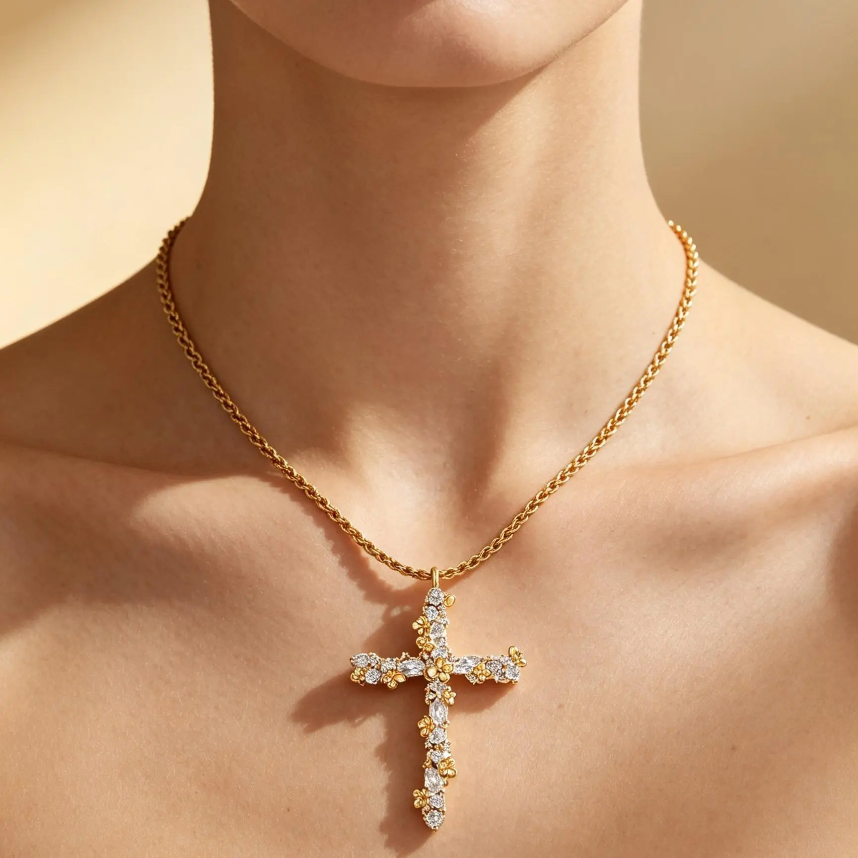 Tewiky Women's 14K Gold-Plated Cross Pendant Necklace, Vintage Floral CZ Cross Necklace with Twisted Rope Chain
