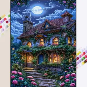 1pcs 5D DIY crystal diamond painting kit, 5D diamond art kit, DIY decoration, Moonlit Cottage diamond painting set with full round rhinestones, mosaic, diamond art, DIY art home decor, suitable for Halloween and Christmas.