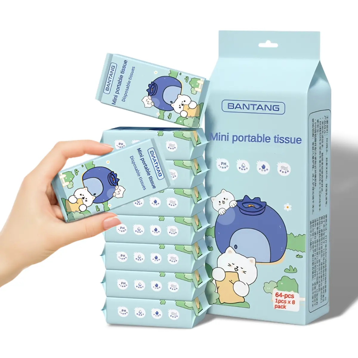 Unscented Wipes, Eco-Friendly Alcohol-Free Adult Travel-Size Bathroom Tissues - 8 Individually Wrapped Packs (8 Wipes per Pack, 64 Total) for On-the-Go Cleaning