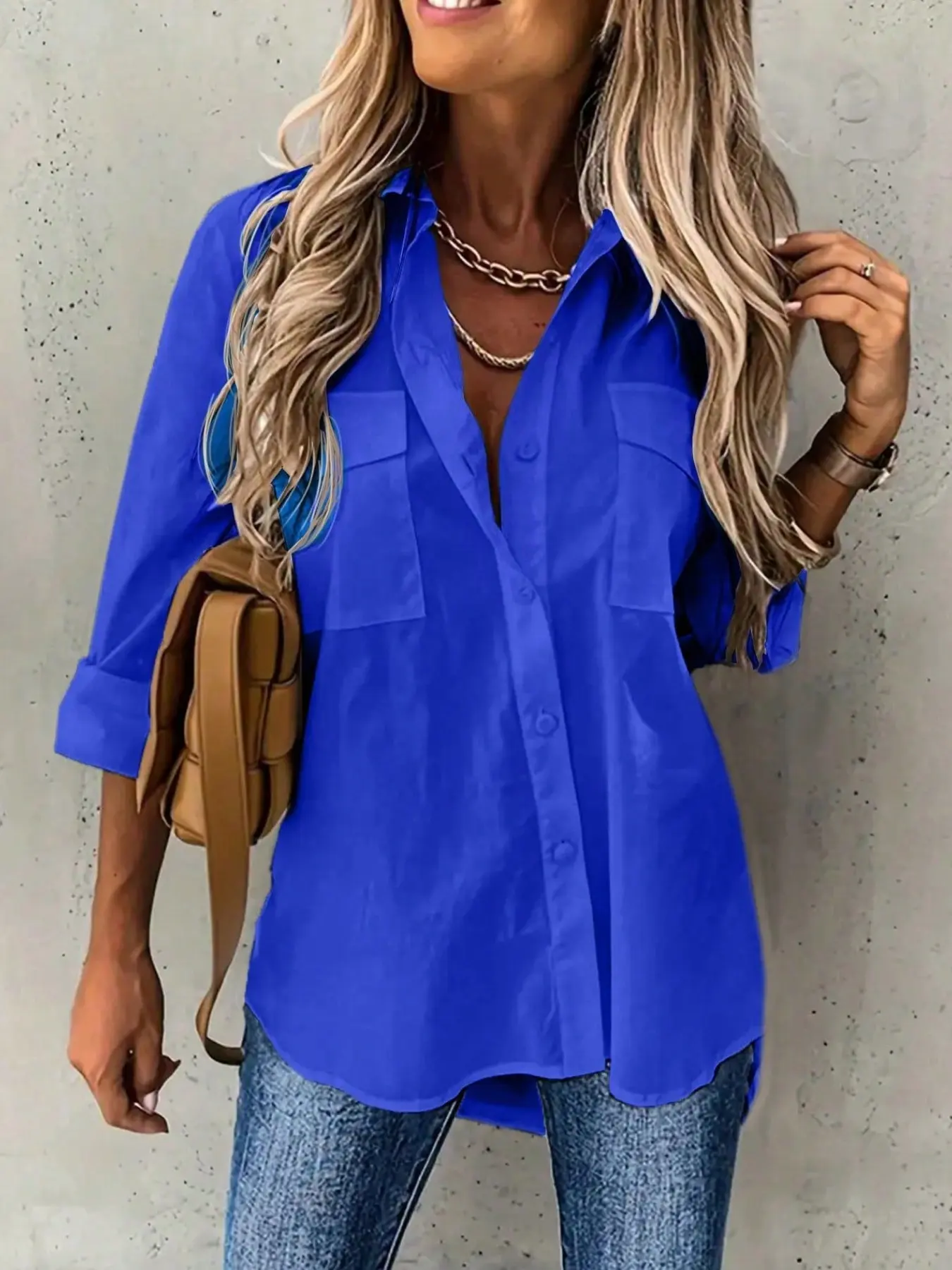 Women's casual fashion solid color double-pocket shirt Blouse Womenswear Top, suitable for spring and summer, suitable for home, indoor, and outdoor wear, Casual Everyday Top
