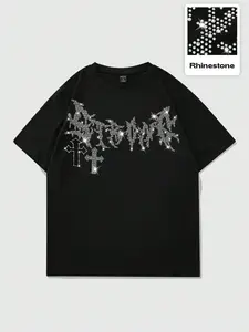 Trendy Men's Black Gothic Cross Rhinestone Oversized Tee, Sparkly Crystal Letter Short Sleeve T-Shirt, Y2K Streetwear Top for Street Style & Night Out Wear #MensStreetwearTee #RhinestoneAestheticFashion #VersatileSummerTee