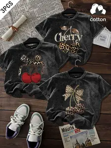 Cotton T-shirts, 3-pack of leopard print cherry pattern letter prints, retro style solid color short-sleeved T-shirts, casual round neck Fitted T-shirts, summer everyday wear