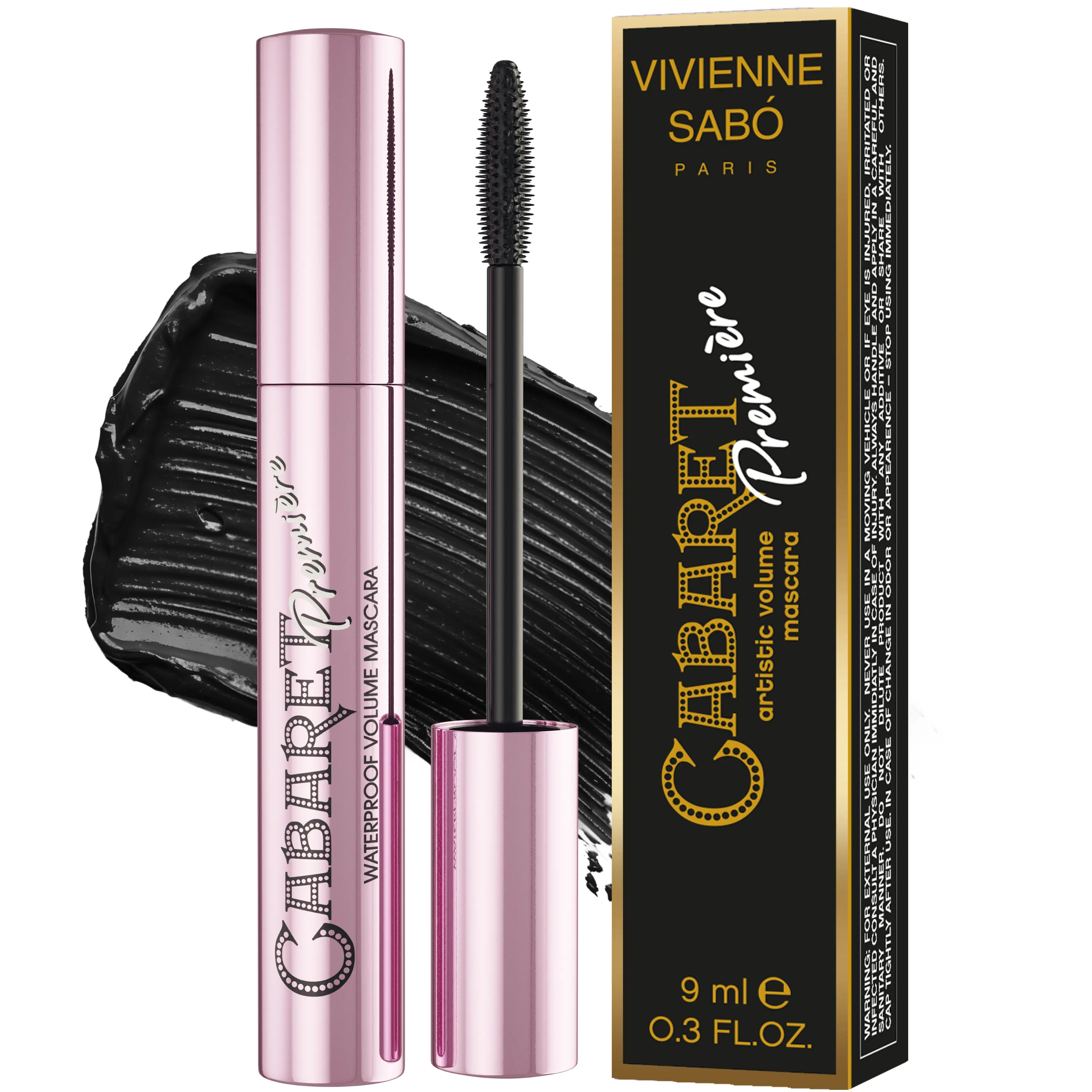Vivienne Sabó Cabaret Premiere Black Waterproof Mascara, Volume and Length, Curling, No Flaking, No Clumping, Smudge Proof, Washable, Cruelty-Free, Made in Europe, (01 Black), 0.3 Fl Oz, 1 Pack